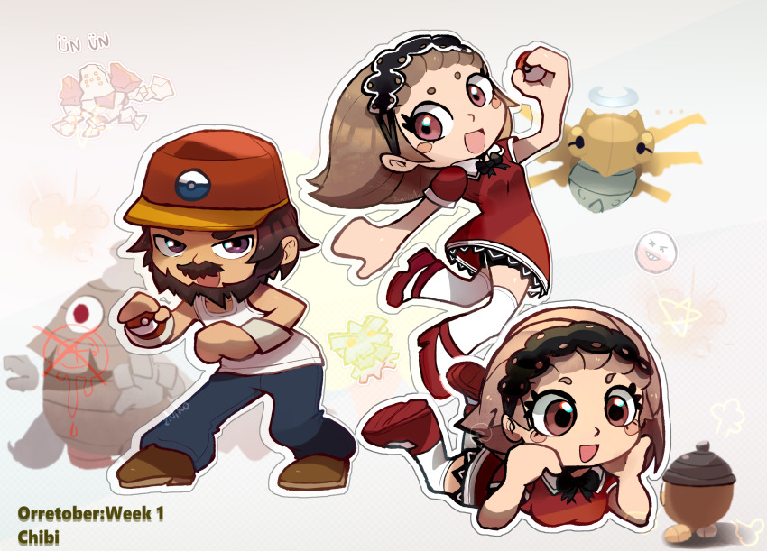 1boy 2girls :d absurdres beard black_hairband black_shorts blush_stickers brown_hair brown_shoes chibi dress dusclops electrode_(pokemon) facial_hair feet_up game_freak gen_2_pokemon gen_3_pokemon hairband hat highres holding holding_poke_ball legendary_pokemon lying mixed-language_commentary multiple_girls mustache nintendo on_stomach open_mouth pants pineco poke_ball pokemon pokemon_(creature) pokemon_colosseum ragou2niko red_dress red_shoes regirock seedot shedinja shirt shoes shorts shorts_under_dress sleeveless sleeveless_shirt smile supertrainer_(pokemon) thighhighs white_shirt white_thighhighs