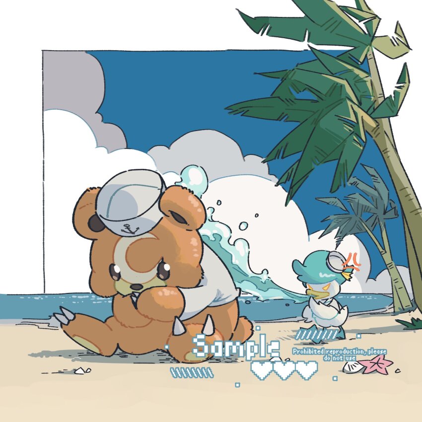 anger_vein animal_focus animal_hands beach bear bird blue_feathers blue_sky border brown_eyes brown_fur claws clothed_pokemon commission duck feathers full_body gen_2_pokemon hat highres looking_at_another nintendo no_humans outdoors palm_tree pokemon pokemon_(creature) quaxly robinlovesop sailor_hat shirt sky teddiursa tree white_border white_feathers white_shirt yellow_fur