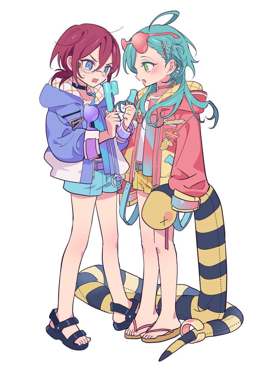 2boys absurdres ahoge bad_id bad_pixiv_id black_footwear blue_eyes blue_hair blue_jacket blue_shorts ensemble_stars! eyewear_on_head failure food full_body glasses green_eyes hair_between_eyes hair_ornament highres holding holding_food holding_popsicle holding_stuffed_toy hood hood_down hooded_jacket jacket long_hair long_sleeves looking_at_another male_focus meremero multiple_boys open_mouth pink_jacket popsicle profile purple_hair saegusa_ibara sandals shinkai_kanata short_hair short_shorts shorts standing stuffed_snake stuffed_toy sunglasses sweatdrop unequal_popsicle_division white_background x_hair_ornament yellow_shorts