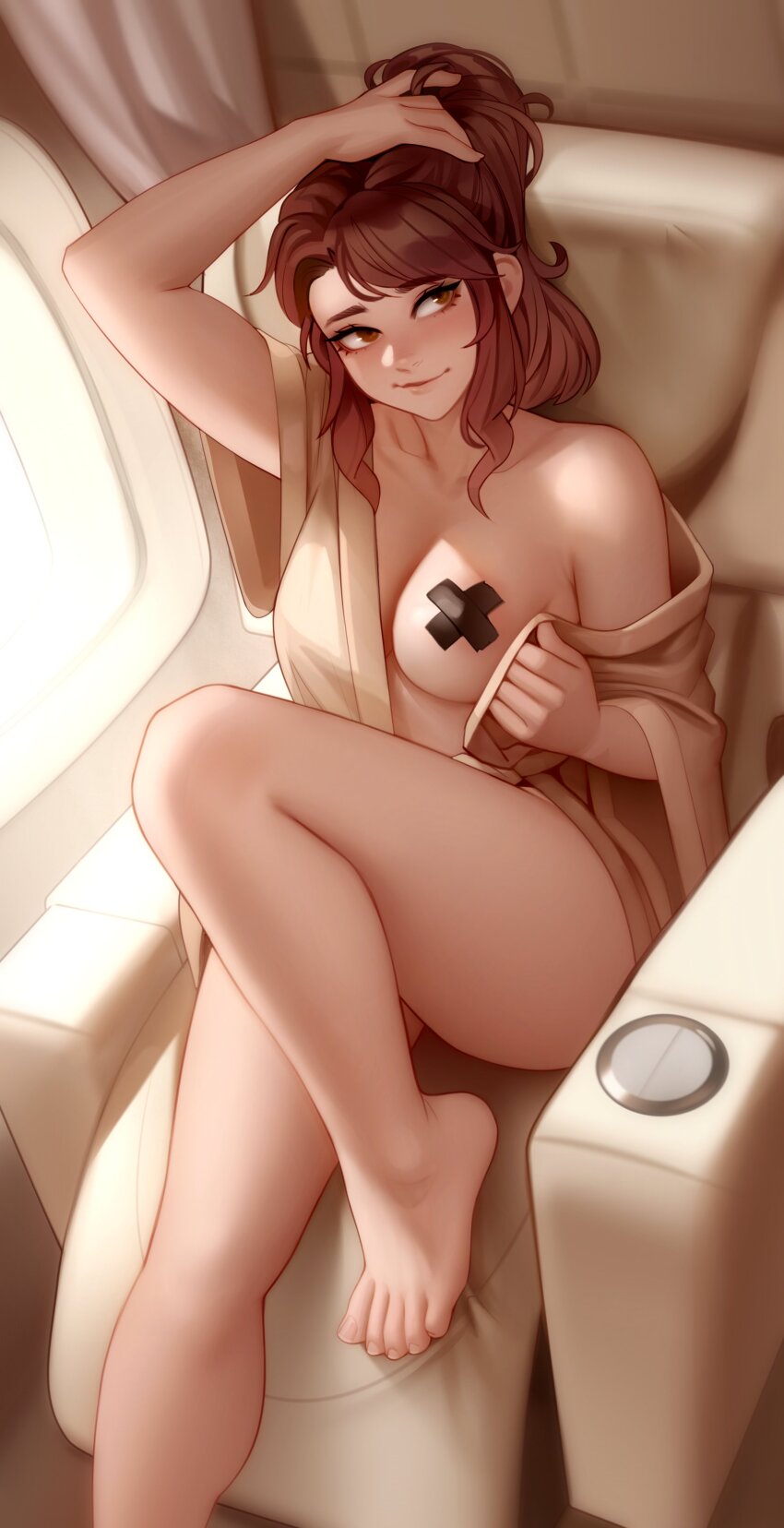 1girl absurdres airplane_interior areola_slip arm_up bare_shoulders barefoot blush breasts brown_robe collarbone commentary commission cross cross_pasties english_commentary eyelashes feet foot_out_of_frame full_body hand_in_own_hair highres kairunoburogu knee_up legs long_hair looking_to_the_side medium_breasts open_clothes open_robe original pasties recliner reclining robe sidelighting sidelocks sitting smile solo thighs toenails toes undressing window