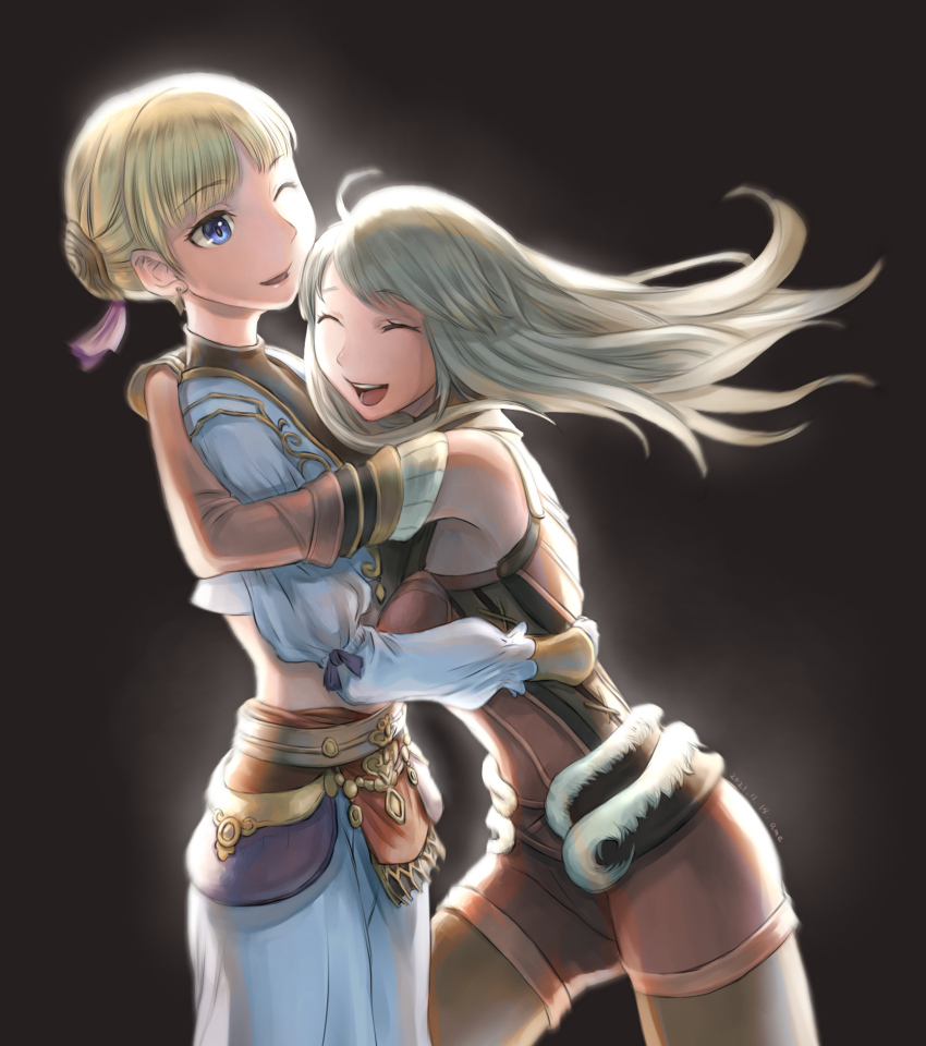 2021 2girls :d ^_^ afumau_(final_fantasy) animal_ears arciela_v_adoulin artist_name blonde_hair blue_eyes breasts brown_pantyhose cactus41747280 closed_eyes cropped_jacket dated detached_sleeves earrings final_fantasy final_fantasy_xi floating_hair fur_trim gold_trim grey_hair highres hug hume jacket jewelry jumpsuit long_hair long_sleeves medium_breasts multiple_girls one_eye_closed open_clothes open_jacket open_mouth pants pantyhose parted_bangs pink_pupils pink_sleeves purple_ribbon red_jumpsuit ribbon short_hair short_jumpsuit sleeve_ribbon smile teeth white_jacket white_pants