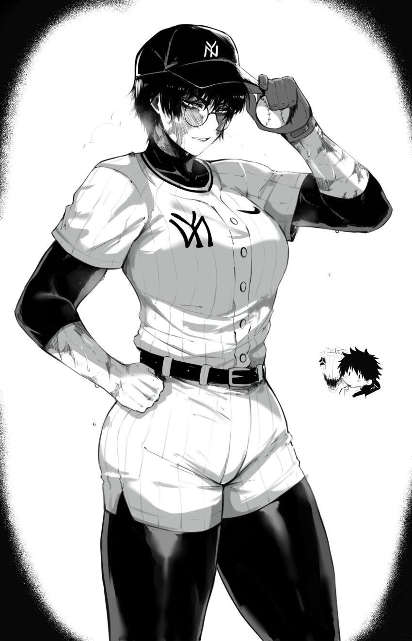 1boy 1girl 1other absurdres adjusting_clothes adjusting_headwear anger_vein baseball baseball_cap black_bodysuit bodysuit chibi commentary english_commentary facial_scar glasses greyscale hand_on_own_hip hat highres jujutsu_kaisen masoq monochrome okkotsu_yuuta orimoto_rika scar scar_on_arm scar_on_cheek scar_on_face solo_focus standing zen&#039;in_maki