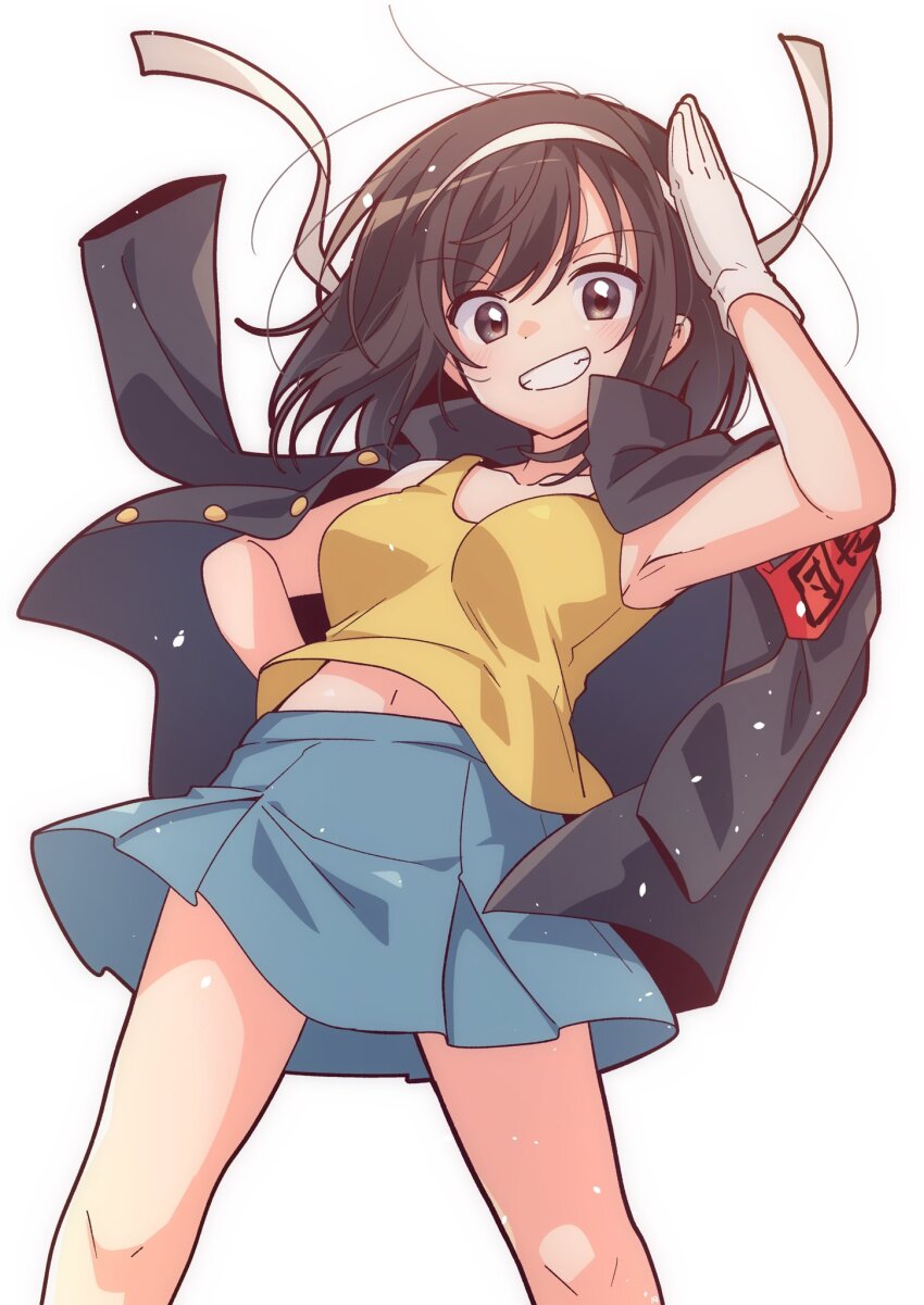 1girl armband black_coat blue_skirt brown_eyes brown_hair coat collarbone commentary_request from_below gloves grin hair_ribbon hairband hand_on_own_hip hand_up highres medium_hair midriff_peek navel open_clothes open_coat pleated_skirt red_armband ribbon simple_background skirt smile solo standing suzumiya_haruhi suzumiya_haruhi_no_yuuutsu swept_bangs taiki_(6240taiki) tank_top teeth white_background white_gloves white_hairband white_ribbon yellow_tank_top