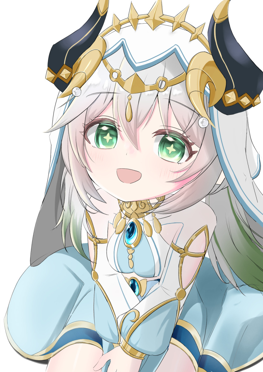 1girl adapted_costume blue_gemstone blush circlet commentary_request cosplay crop_top fake_horns gem genshin_impact gold_trim gradient_hair green_eyes green_hair hair_between_eyes highres horns long_hair long_sleeves looking_at_viewer multicolored_hair nahida_(genshin_impact) nilou_(genshin_impact) nilou_(genshin_impact)_(cosplay) open_mouth puffy_long_sleeves puffy_sleeves quupomg solo star-shaped_pupils star_(symbol) symbol-shaped_pupils veil white_background white_hair white_veil