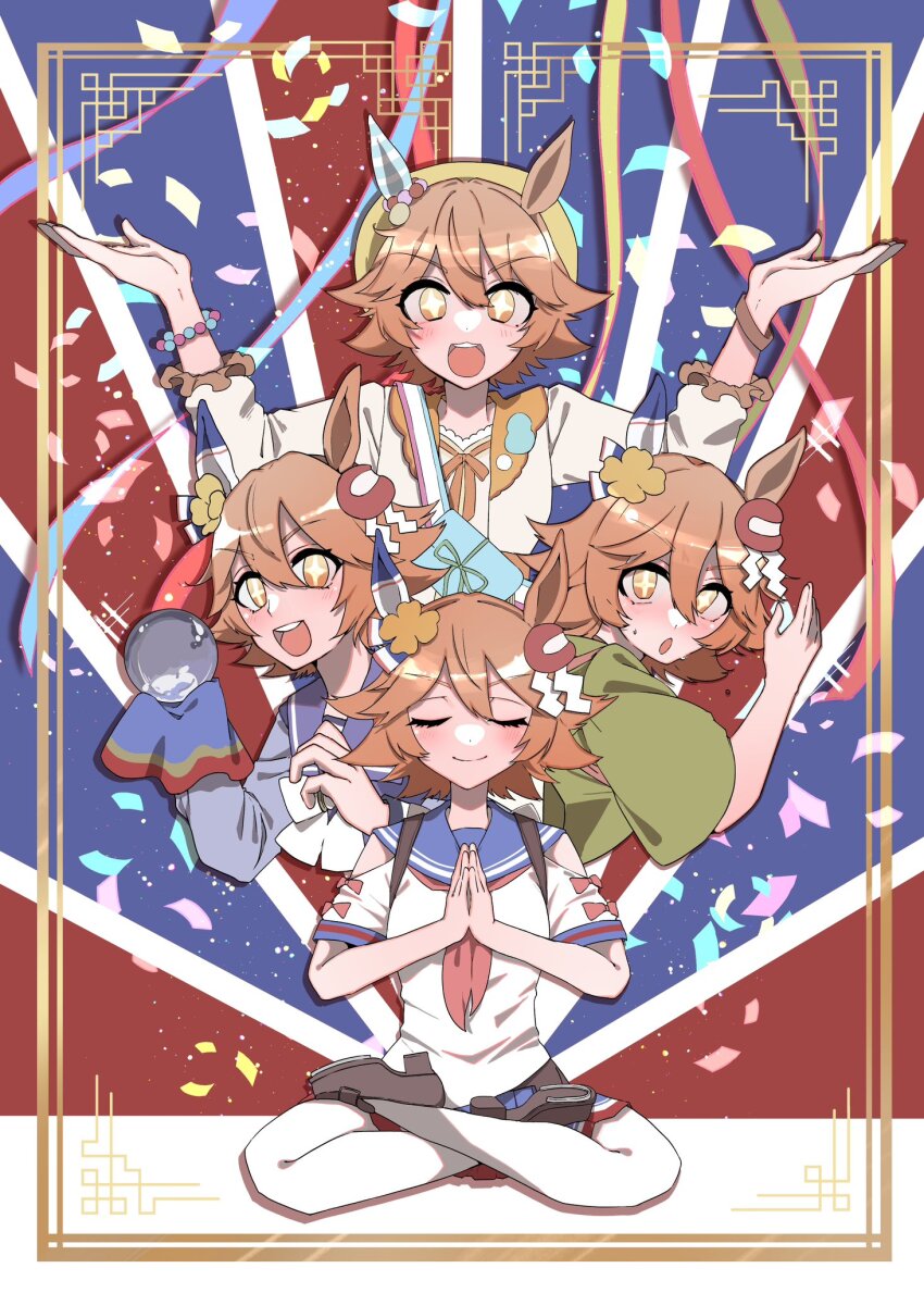 +_+ 1girl bare_shoulders bead_bracelet beads beret blue_skirt bracelet brown_footwear closed_mouth clothing_cutout clover_hair_ornament daruma_doll ear_covers ema green_kimono hair_between_eyes hair_ornament hat highres horseshoe indian_style japanese_clothes jewelry kimono loafers long_sleeves looking_at_viewer matikanefukukitaru_(chance_encounters_can_be_a_blessing)_(umamusume) matikanefukukitaru_(good_omen_first_storm)_(umamusume) matikanefukukitaru_(umamusume) multiple_views neckerchief official_alternate_costume open_mouth orange_hair orb own_hands_together pleated_skirt red_neckerchief shirt shoes short_hair shoulder_cutout single_ear_cover sitting skirt smile teeth thighhighs tsukasa_(avdx5538) umamusume upper_teeth_only white_shirt white_thighhighs yellow_headwear