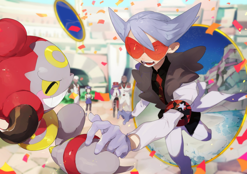 2girls 3boys armband bettie_(pokemon) black_shirt coat commentary_request confetti day fur-trimmed_coat fur_trim gen_6_pokemon gloves grey_hair highres hoopa hoopa_(confined) lear_(pokemon) legendary_pokemon long_sleeves mimura_(nnnnnnnnmoo) multiple_boys multiple_girls mythical_pokemon necktie nintendo official_alternate_costume open_mouth orange-tinted_eyewear outdoors pants pokemon pokemon_(creature) pokemon_masters_ex portal_(object) rachel_(pokemon) raihan_(anniversary_2022)_(pokemon) raihan_(pokemon) red_necktie sawyer_(pokemon_masters_ex) shirt spiked_hair sunglasses teeth tinted_eyewear tongue white_coat white_pants