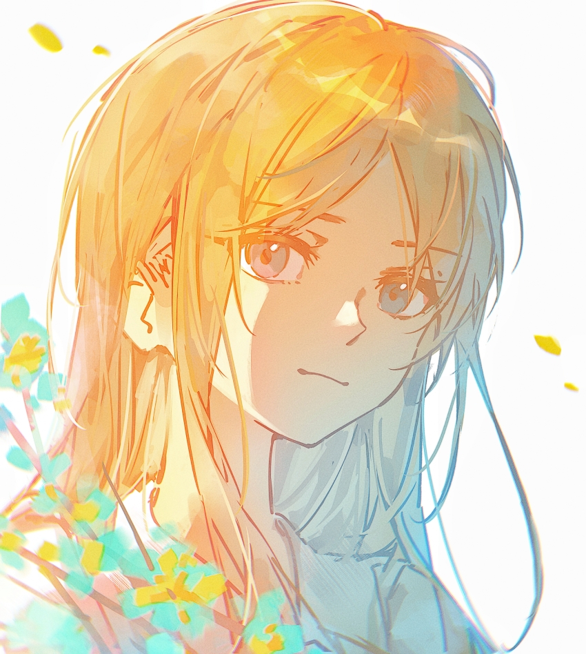 1girl absurdres bang_dream! bang_dream!_it&#039;s_mygo!!!!! blue_eyes brown_hair chinese_commentary closed_mouth commentary_request falling_petals highres kanato04249580 long_hair looking_at_viewer nagasaki_soyo petals portrait sidelocks simple_background solo white_background