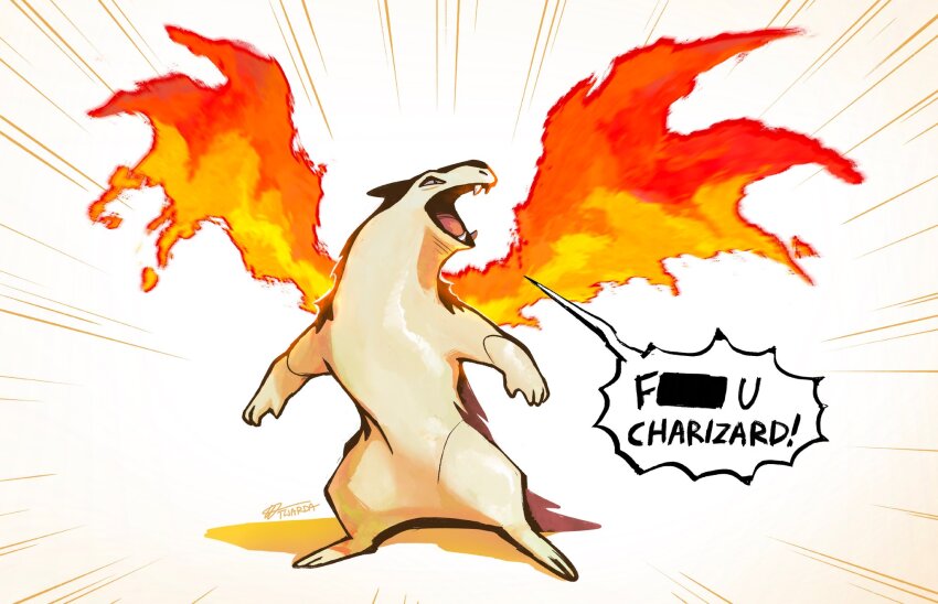 artist_name english_text fire full_body gen_2_pokemon highres looking_to_the_side nintendo pokemon pokemon_(creature) sharp_teeth simple_background standing teeth twarda8 typhlosion