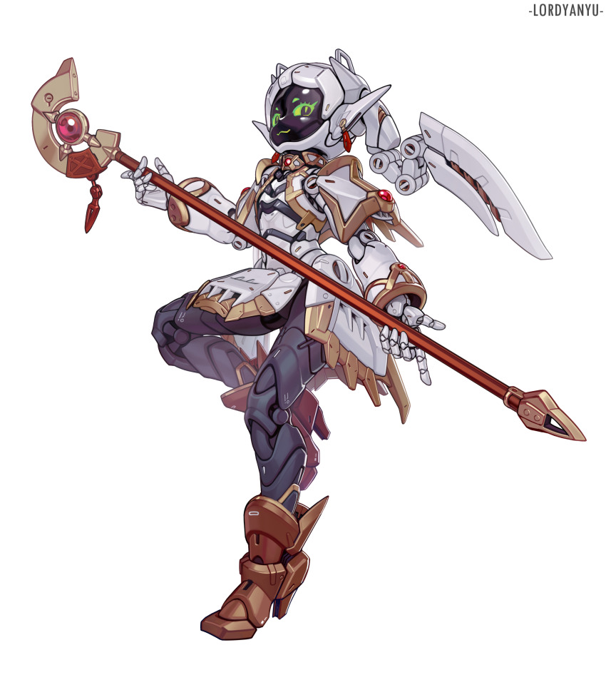 1girl absurdres artist_name capelet chinese_commentary commentary_request frieren full_body green_eyes grey_hair highres holding holding_staff humanoid_robot long_hair lordyanyu mechanical_hair mechanization robot robot_girl simple_background solo sousou_no_frieren staff standing standing_on_one_leg twintails white_background white_capelet