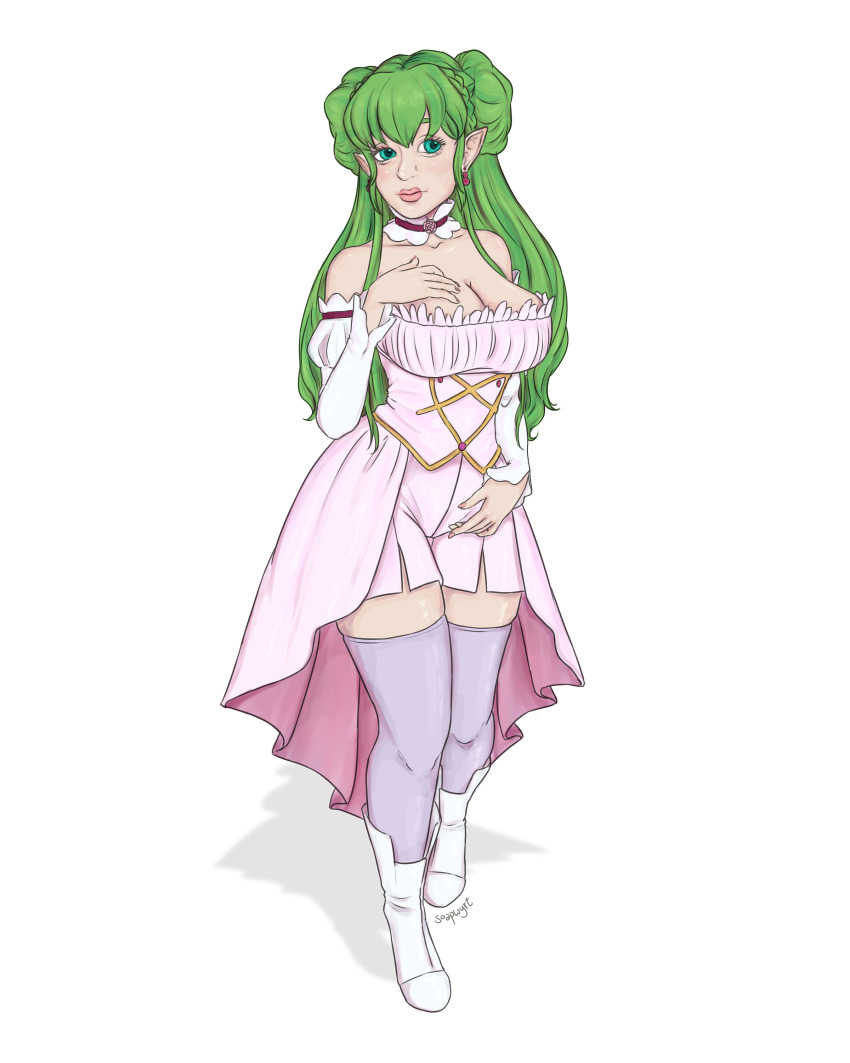 1girl absurdres bare_shoulders boots breasts choker cleavage code_geass commission commissioner_upload corset cosplay detached_collar detached_sleeves double_bun dress earrings elf euphemia_li_britannia euphemia_li_britannia_(cosplay) euphemy_sylvaine green_eyes green_hair hair_bun high_heels highres jewelry large_breasts lips long_hair looking_at_viewer official_art pink_dress pointy_ears shoes soapwyrt solo standing strapless strapless_dress thighhighs thighhighs_under_boots ways_of_darkness_(series)