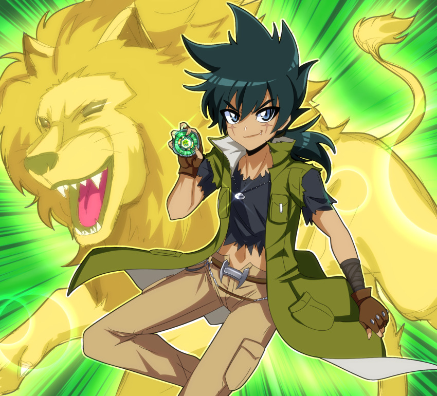 1boy animal belt beyblade beyblade_(object) black_shirt blue_eyes brown_belt cargo_pants coat deathtee fingerless_gloves gloves green_background green_coat green_hair hair_between_eyes highres holding jewelry lion looking_at_viewer male_focus mane metal_fight_beyblade pants pendant ponytail scar shirt spiked_hair tategami_kyouya torn_clothes