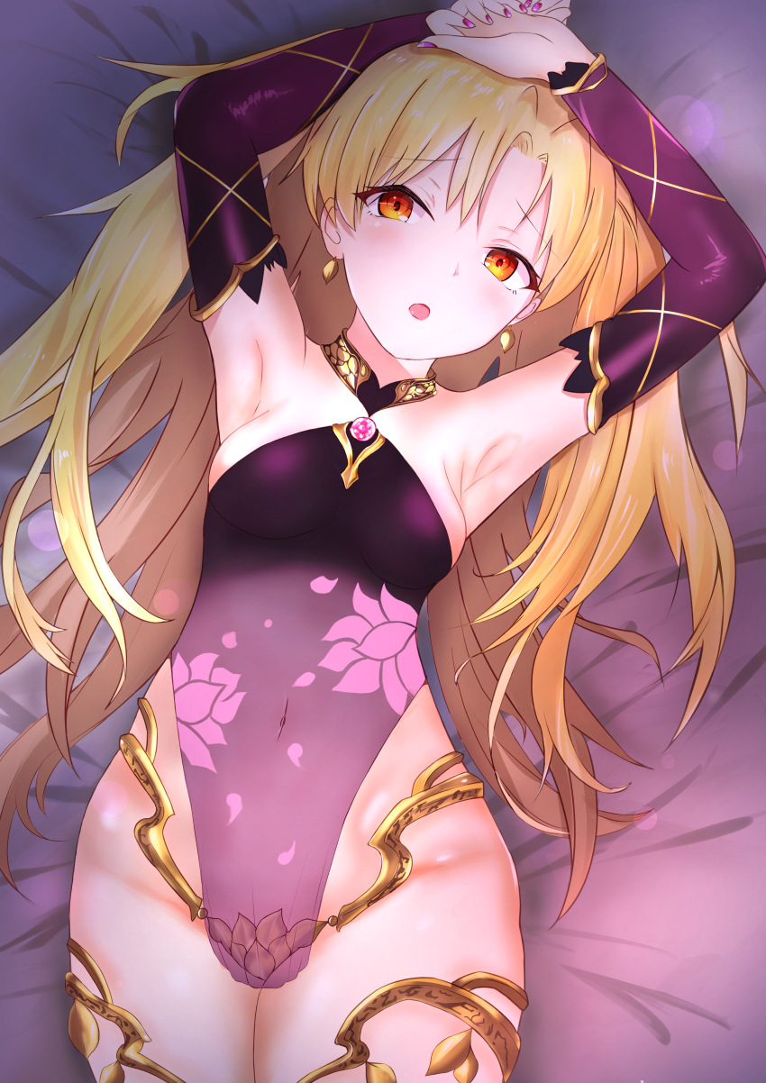 1girl absurdres armlet armor armpits arms_up artist_request bad_id bad_pixiv_id bare_shoulders bikini_armor blonde_hair blush bracelet breasts collar cosplay detached_sleeves dress earrings ereshkigal_(fate) fate/grand_order fate_(series) floral_print highres jewelry kama_(fate) kama_(fate)_(cosplay) kama_(second_ascension)_(fate) long_hair looking_at_viewer lying medium_breasts metal_collar on_back open_mouth orange_eyes parted_bangs pelvic_curtain purple_dress purple_sleeves thighlet thighs two_side_up
