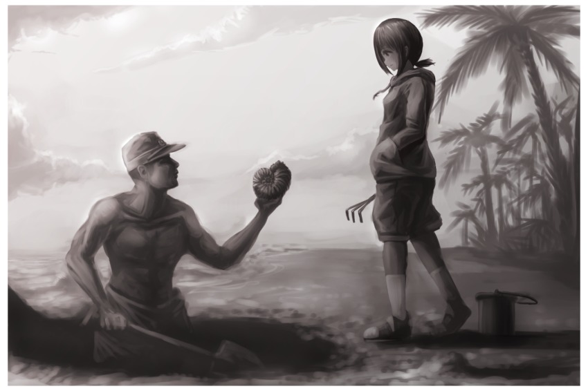 10s 1boy 1girl ammonite beach bucket casual clam_digging cloud cloudy_sky dai_toro fubuki_(kancolle) greyscale hand_in_pocket hat holding horizon kantai_collection long_hair low_ponytail manly monochrome ponytail shorts shovel sky soldier sweater topless_female tree worktool