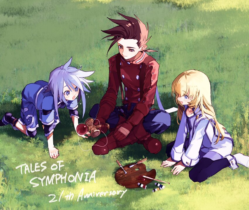 1girl 2boys absurdres anniversary blonde_hair blue_eyes blue_trim blush brown_eyes brown_hair colette_brunel commentary_request genius_sage gloves grass highres holding holding_toy kendama lloyd_irving long_hair multiple_boys nancykittyu on_grass open_mouth outdoors paint paintbrush red_shirt shirt short_hair smile tales_of_(series) tales_of_symphonia toy white_hair