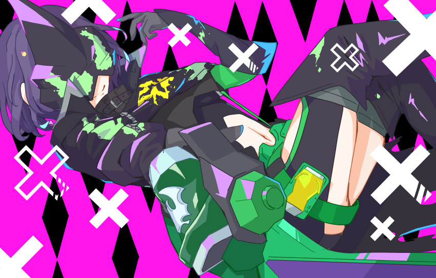 adapted_costume bat_(animal) bat_genome black_footwear black_mask blade bohi_yamage boots cosplay evilblade foreshortening gloves highres holding holding_weapon idolmaster idolmaster_cinderella_girls kamen_rider kamen_rider_evil kamen_rider_evil_(cosplay) kamen_rider_revice licking_lips mask mixed-language_commentary pink_background rider-tan rider_belt shiragiku_hotaru splatter splatter_print sword thigh_boots tongue tongue_out vistamp weapon