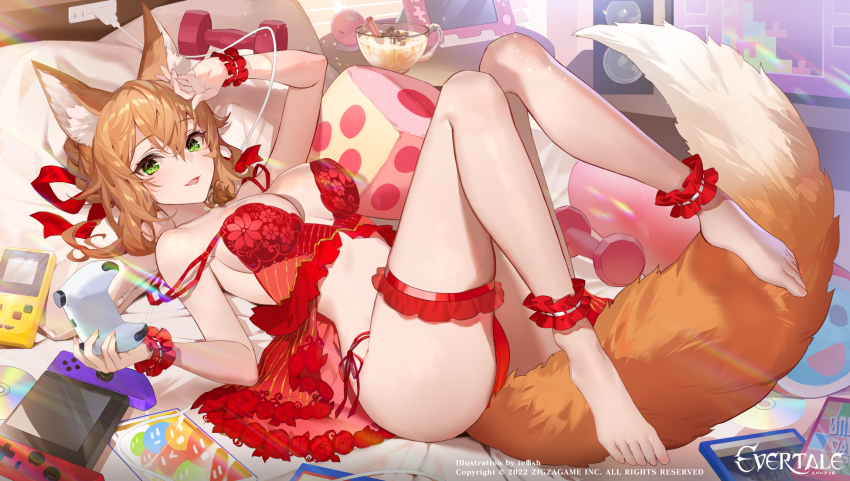 1girl 2022 animal_ears ankle_garter artist_name babydoll blonde_hair breasts company_name controller copyright_notice evertale fox_ears fox_girl fox_tail frilled_thigh_strap game_controller green_eyes hair_between_eyes highres holding holding_controller holding_game_controller large_breasts legs_up lingerie looking_at_viewer lying nightgown official_art on_back on_bed open_mouth panties red_babydoll red_nightgown red_panties short_hair side-tie_panties solo tail teffish thigh_strap underwear