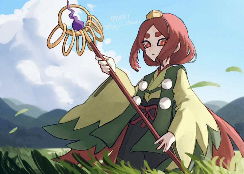 1boy artist_name brown_hair cloud day grass hat holding holding_staff karura_(youkai_watch) looking_at_viewer meadow mountainous_horizon nonoji_(nonoji_ekaki) outdoors pointy_ears red_eyes shakujou smile solo staff tengu tokin_hat youkai_(youkai_watch) youkai_watch