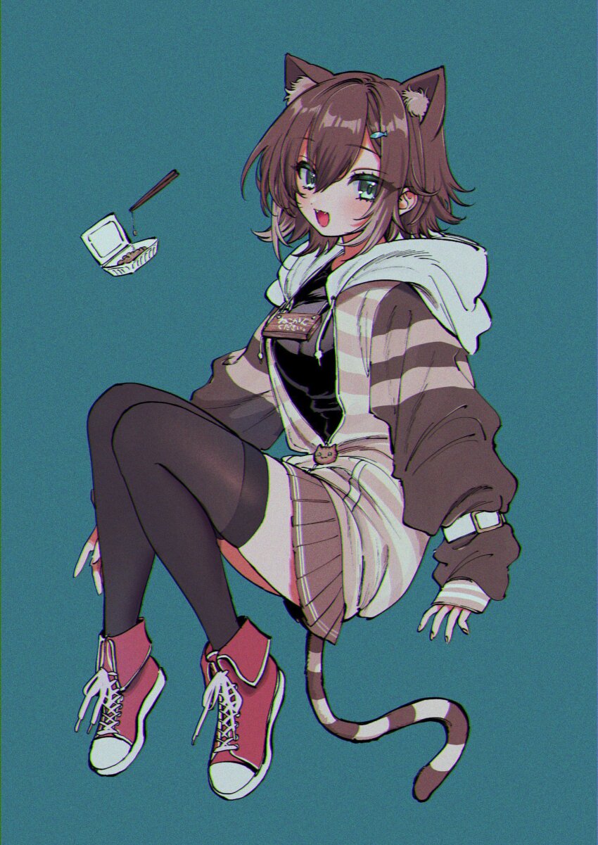 animal_ears brown_hair brown_hoodie cat_ears cat_girl cat_tail fish_hair_ornament food fumino_tamaki fumino_tamaki_(1st_costume) green_eyes hair_ornament highres hood hood_down hoodie jacket murasaki_pomeranian nattou nijisanji open_clothes open_hoodie partially_unzipped sign sign_around_neck simple_background striped_clothes striped_hoodie striped_jacket striped_tail tail virtual_youtuber