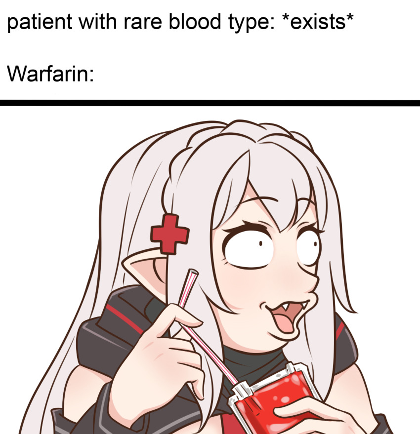 1girl arknights bendy_straw blood blood_bag braid cross cross_hair_ornament crown_braid drinking_straw english_text fangs grey_hair guin_guin hair_ornament highres holding_straw looking_to_the_side meme pogchamp_(meme) pointy_ears red_cross solo vampire warfarin_(arknights)
