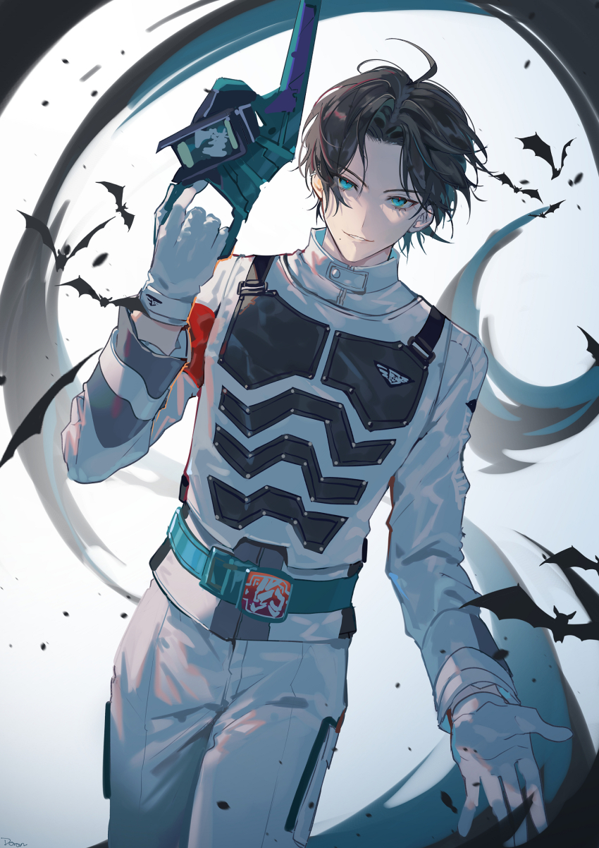 1boy ahoge aqua_eyes armband armor bat_(animal) bat_genome black_hair doran_(doran7280) evil_eyes evil_grin evil_smile evilblade fenix_uniform gloves grin henshin highres holding holding_sword holding_weapon igarashi_daiji kagero_(kamen_rider_revice) kamen_rider kamen_rider_revice looking_at_viewer male_focus open_hand pants possessed short_hair simple_background smile sword two_sidriver vest villain_pose vistamp weapon white_gloves white_pants