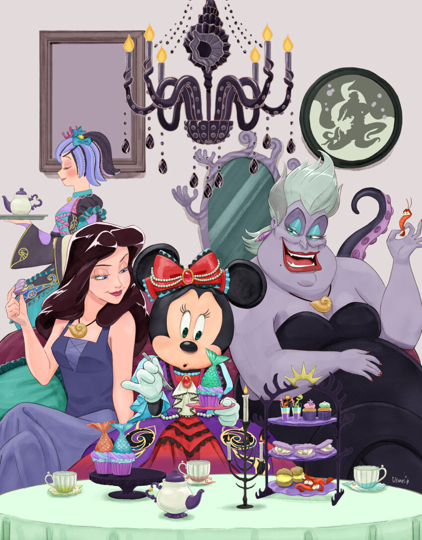 4girls absurdres animal_ears ascot bare_shoulders black_dress blue_dress blue_eyeshadow blue_hair bow breasts brown_hair chandelier character_request crossed_legs cup cupcake d74335631 disney dress earrings eyeshadow fish food gem gloves grey_hair grey_skirt hair_bow half-closed_eyes highres holding holding_plate indoors jewelry large_breasts makeup medium_breasts minnie_mouse mirror mouse_ears mouse_girl multiple_girls nail_polish necklace parted_bangs plate red_gemstone red_lips red_nails shell shell_necklace short_hair shrimp skirt sleeveless sleeveless_dress strapless strapless_dress teacup teapot the_little_mermaid_(disney) ursula_(disney) vanessa_(disney) white_ascot white_gloves