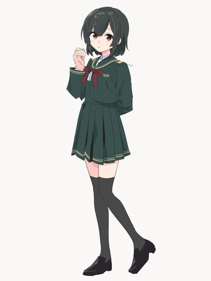 1girl black_hair black_shoes blush bow bowtie brown_eyes closed_mouth full_body green_shirt green_skirt grey_thighhighs highres kisaragi_hina long_hair looking_at_viewer original red_bow red_bowtie school_uniform shirt shoes signature simple_background skirt solo standing thighhighs white_background