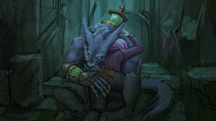 1boy 1girl absurdres arcane:_league_of_legends arcane_vi chemicals claws crying crying_with_eyes_open fangs green_eyes highres hug league_of_legends monster_wolf pink_hair pirateinvicta tears vi_(league_of_legends) warwick werewolf wolf_boy