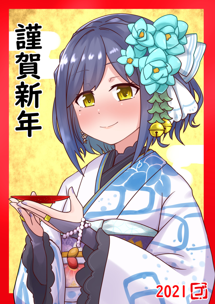 1girl 2022 artist_logo bell black_gloves blue_hair blush bob_cut border bracelet bridal_gauntlets closed_mouth commentary cup dice earrings egasumi flower gloves goriate hair_flower hair_ornament happy_new_year highres holding holding_dice japanese_clothes jewelry jingle_bell kimono logo long_sleeves looking_at_viewer mole mole_under_eye new_year nijisanji obi print_kimono red_border sakazuki sash shizuka_rin shizuka_rin_(9th_costume) short_hair smile solo translated upper_body virtual_youtuber white_kimono yellow_eyes