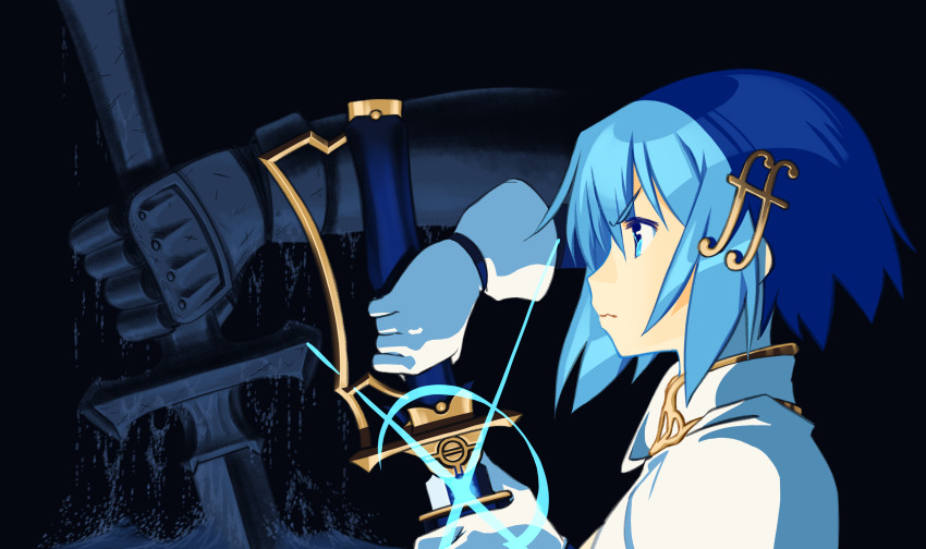 1girl 1other absurdres blue_eyes blue_hair cape commentary drawing_sword english_commentary fortissimo from_side frown gauntlets gloamy gloves hair_ornament highres holding holding_sword holding_weapon magical_girl mahou_shoujo_madoka_magica mahou_shoujo_madoka_magica_(anime) miki_sayaka miki_sayaka_(magical_girl) musical_note musical_note_hair_ornament oktavia_von_seckendorff profile sheath short_hair sword weapon white_cape white_gloves