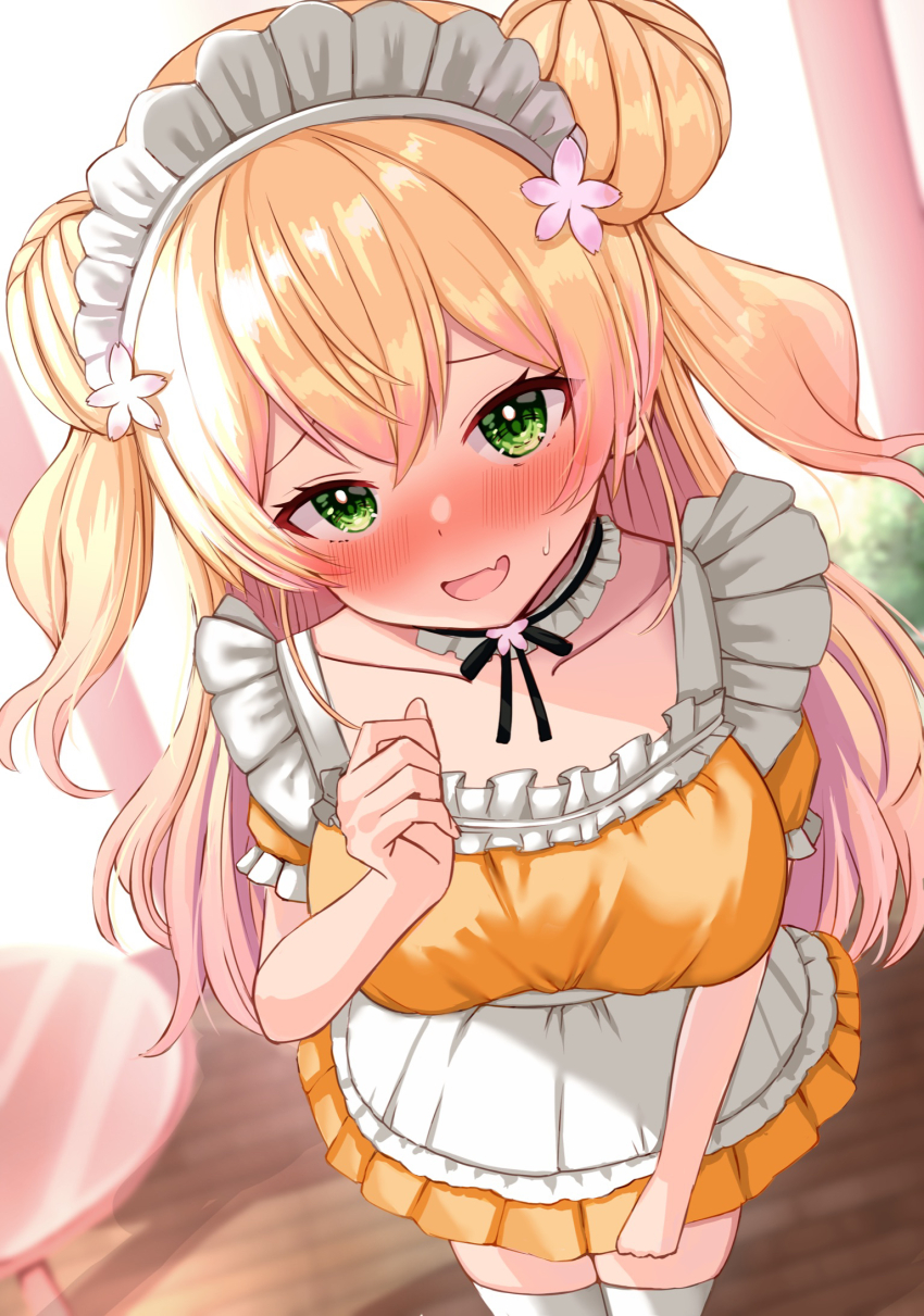 1girl blonde_hair blush breasts choker collarbone cowboy_shot from_above green_eyes highres hololive large_breasts long_hair looking_at_viewer maid maid_headdress momosuzu_nene nootomo open_mouth orange_skirt pleated_skirt skirt smile solo standing sweat thighhighs virtual_youtuber white_thighhighs wooden_floor