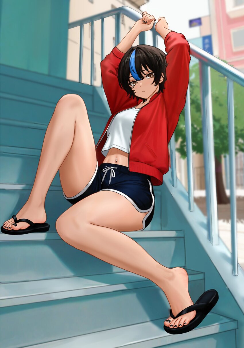 1girl :/ arms_up bare_legs black_hair black_nails blue_hair blue_shorts breasts brown_eyes city commentary dolphin_shorts drawstring earrings english_commentary feet hair_between_eyes highres jacket jewelry knee_up legs looking_at_viewer medium_breasts nail_polish navel navel_piercing nihu original piercing red_jacket sandals shiragi_(nihu) shirt short_hair shorts single_hair_streak sitting sitting_on_stairs solo stairs stud_earrings thighs tied_drawstring toenail_polish toenails toes white_shirt