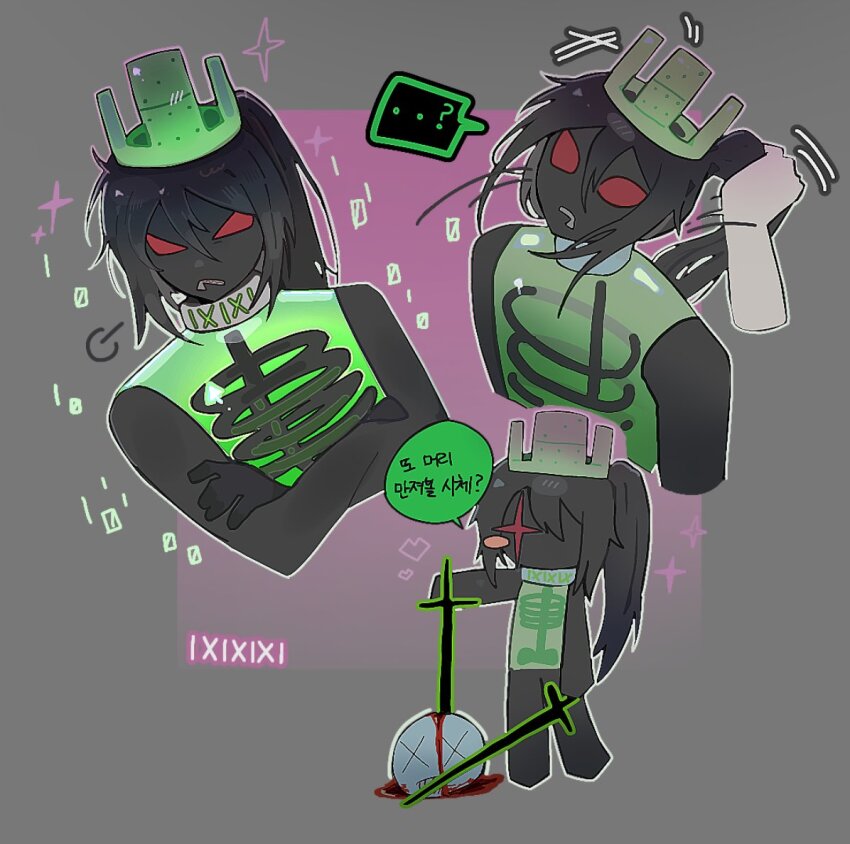 1boy 1other 1x1x1x1_(roblox) black_hair black_skin colored_sclera colored_skin crown digital_dissolve forsaken_(roblox) grabbing_another&#039;s_hair green_crown grey_background hair_between_eyes korean_text kowa22_u long_hair ponytail red_sclera roblox see-through_body sidelocks translation_request zipper