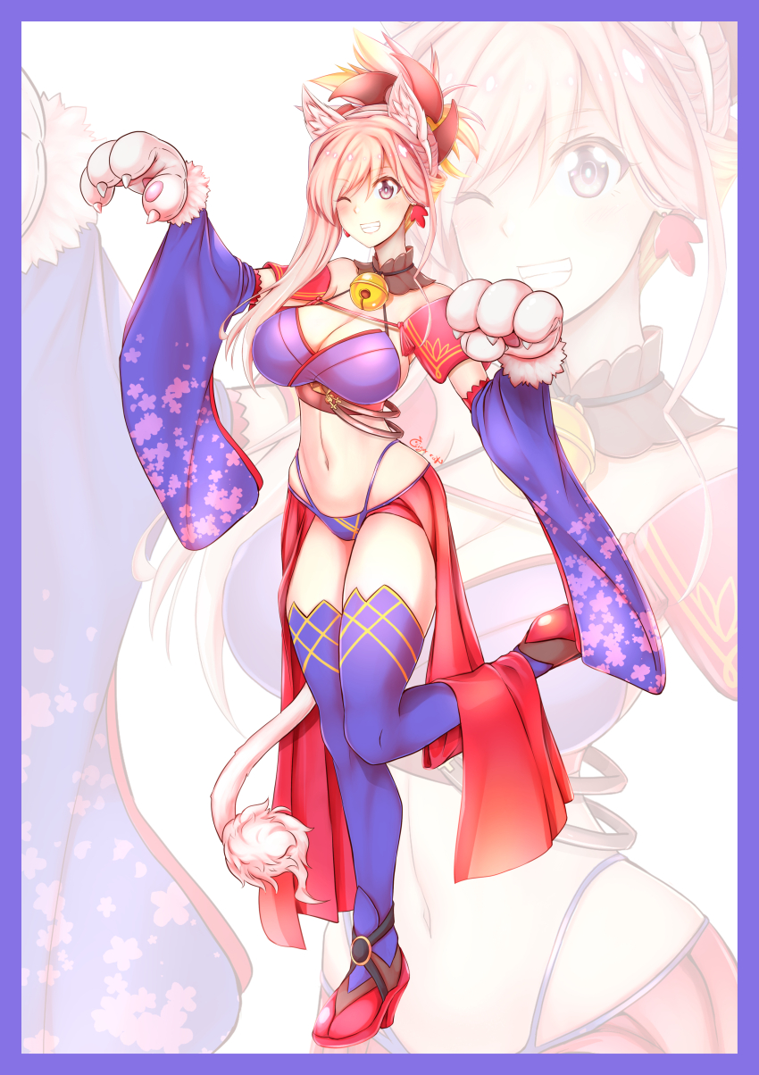 1girl absurdres animal_ears animal_hands asymmetrical_hair bare_shoulders bell blush breasts cat_ears cat_girl cigar_cat cleavage detached_sleeves earrings fake_animal_ears fate/grand_order fate_(series) highres japanese_clothes jewelry jingle_bell kimono large_breasts leaf_print looking_at_viewer midriff miyamoto_musashi_(fate) miyamoto_musashi_(third_ascension)_(fate) navel one_eye_closed pink_hair sleeveless sleeveless_kimono smile solo