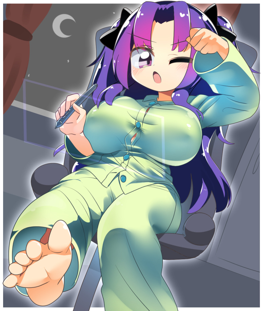 1girl :o barefoot blush breasts buttons chair commentary_request crescent_moon curtains foot_out_of_frame green_pants green_shirt grey_background highres holding holding_pen large_breasts lets0020 long_hair long_sleeves looking_at_viewer moon mumei_eshi_kara_no_e_aka_katsudouki nike_(eakatsu) office_chair one_eye_closed open_mouth pajamas pants parted_bangs pen purple_eyes purple_hair shirt soles solo swivel_chair v-shaped_eyebrows