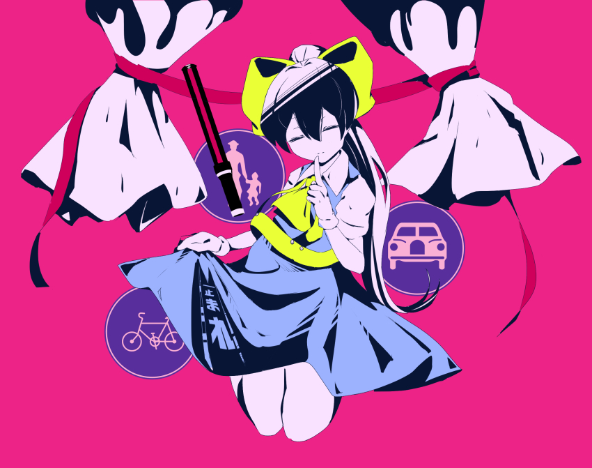 1girl bicycles_only_sign blue_dress bow catistennsi1 closed_eyes closed_mouth collared_shirt commentary_request cookie_(touhou) curtains daiyousei darling_dance_(vocaloid) diyusi_(cookie) dress expressionless full_body gloves high-visibility_clothing high-visibility_vest high_contrast highres jumping long_hair motor_vehicles_only_sign pedestrians_only_sign pinafore_dress pink_background road_sign shirt sign simple_background skirt_hold sleeveless sleeveless_dress solo touhou traffic_baton white_gloves white_shirt yellow_bow