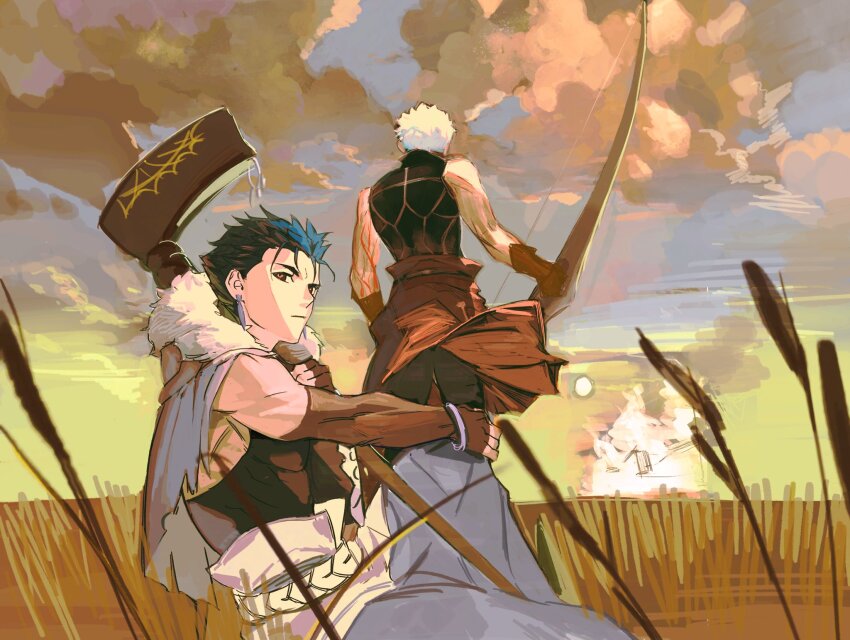 2boys archer_(fate) back baragi blue_hair body_markings bow_(weapon) capelet cloud cloudy_sky cu_chulainn_(caster)_(fate) cu_chulainn_(fate) dark-skinned_male dark_skin day earrings fate/grand_order fate/grand_order:_first_order fate_(series) fingerless_gloves fur-trimmed_hood fur_trim gloves highres holding holding_bow_(weapon) holding_staff holding_weapon hood jewelry long_hair looking_at_viewer male_focus multiple_boys outdoors red_eyes shirt short_hair sitting sky sleeveless spiked_hair staff weapon white_hair