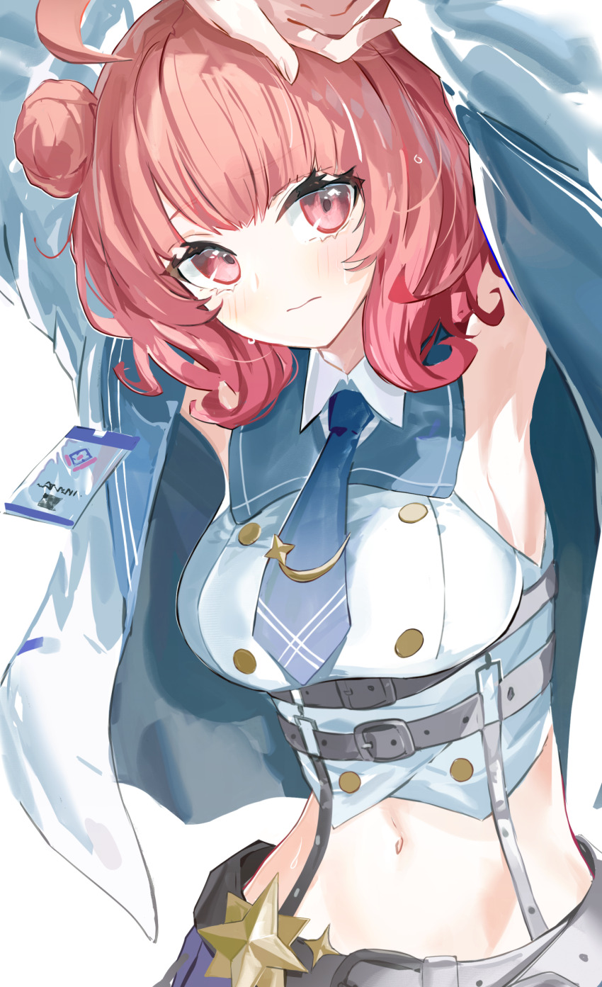 1girl armpits arms_up crop_top hair_bun highres looking_at_viewer midriff navel pink_hair purple_eyes ryoma_(rym_369) shirt short_hair sleeveless sleeveless_shirt solo upper_body virtual_youtuber vspo! yumeno_akari