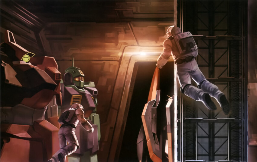 2boys aeug argama artist_request astronaut gundam hangar machinery mecha mecha_focus mobile_suit multiple_boys nemo_(mobile_suit) realistic rick_dias robot scan science_fiction spacecraft_interior spacesuit traditional_media when_you_see_it zero_gravity zeta_gundam zeta_gundam_(mobile_suit)