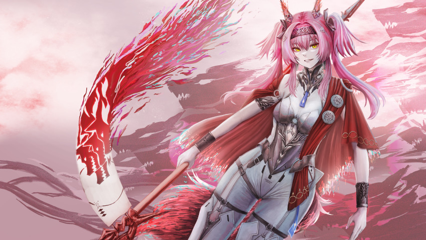 1girl absurdres armor black_bow bodysuit bow breastplate breasts collar commentary hair_bow hairband highres holding holding_polearm holding_weapon long_hair looking_at_viewer lupa_(wuthering_waves) mechanical_ears medium_breasts metal_collar metal_hairband multiple_hair_bows owlyeah pink_hair polearm red_pupils smile solo weapon white_bodysuit wrist_guards wuthering_waves yellow_eyes