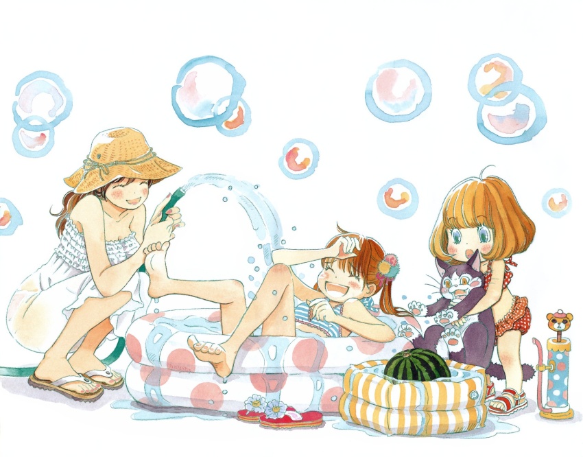 3girls :d ^_^ ahoge air_pump animal arms_up bare_arms bare_shoulders barefoot bikini bikini_top_only blunt_bangs blush blush_stickers bob_cut bowl_cut breasts brown_hair bubble cat cleavage closed_eyes collarbone covering_face dot_nose dress fingernails flower food fruit full_body furrowed_brow green_eyes hat highres holding holding_animal holding_hose hose kawamoto_akari kawamoto_hinata kawamoto_momo large_breasts laughing looking_down multiple_girls one-piece_swimsuit open_mouth orange_hair partially_submerged plaid_bikini plaid_clothes plaid_one-piece_swimsuit pom_pom_(clothes) red_bikini sandals sangatsu_no_lion siblings simple_background sisters smile soles standing strapless strapless_dress straw_hat striped_bikini striped_bikini_top striped_clothes sun_hat swimsuit toenails twintails umino_chika wading_pool water water_drop watermelon wet white_background white_dress white_flower wide-eyed