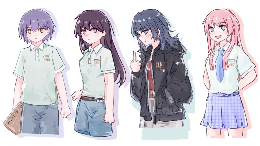 4girls arms_behind_back bang_dream! bang_dream!_it&#039;s_mygo!!!!! black_hair black_jacket blue_necktie blue_pants blue_skirt blush brown_eyes brown_hair chihaya_anon closed_mouth commentary fang green_eyes green_shirt grey_eyes grey_hair hair_between_eyes hand_in_pocket hashtag-only_commentary highres hood hood_down hooded_jacket jacket keyun long_hair looking_at_viewer medium_hair middle_finger mole multiple_girls necktie open_mouth pants pink_hair plaid_clothes plaid_skirt purple_eyes red_shirt shiina_taki shirt short_hair short_sleeves simple_background skirt takamatsu_tomori unmoving_pattern white_background yahata_umiri