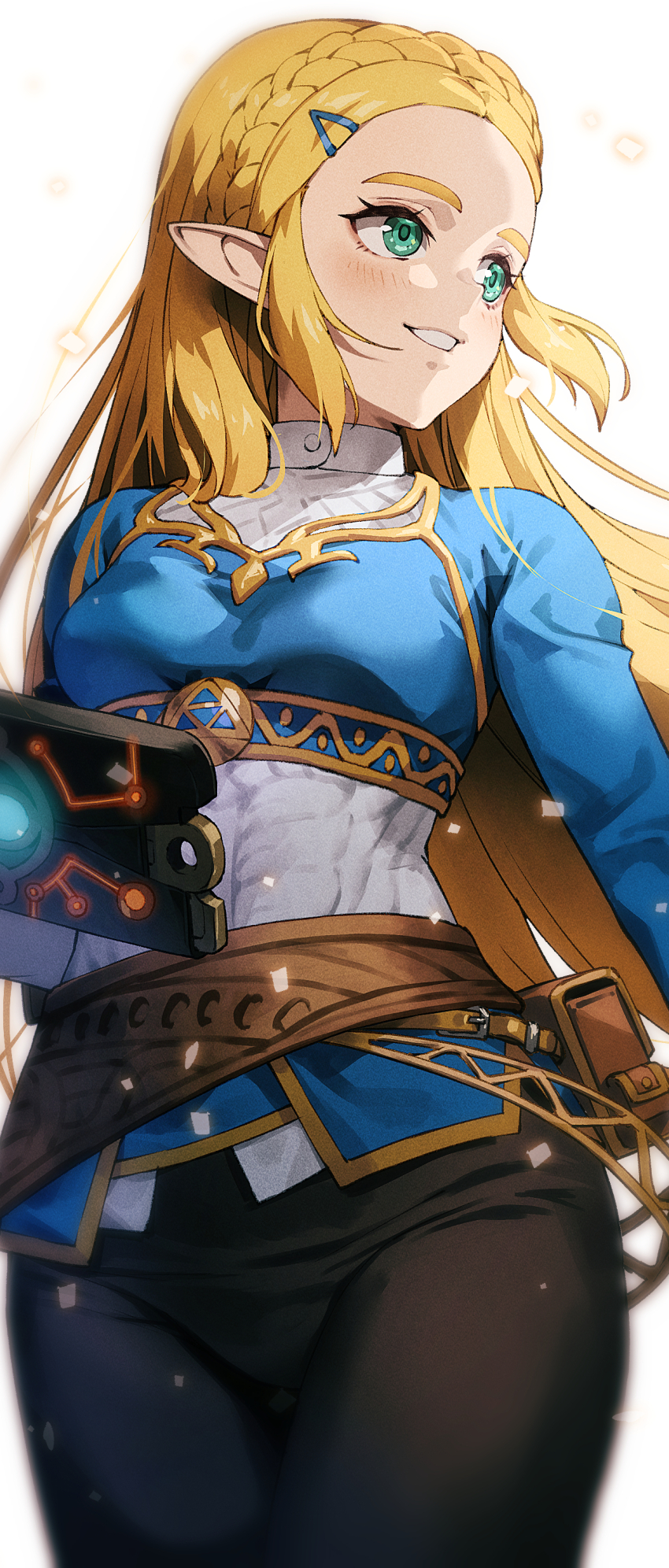 1girl absurdres belt_pouch black_pants blonde_hair blue_shirt braid breasts chyko cowboy_shot crown_braid green_eyes highres long_hair long_sleeves looking_to_the_side medium_breasts nintendo pants parted_lips pointy_ears pouch princess_zelda sheikah_slate shirt sidelocks smile solo the_legend_of_zelda the_legend_of_zelda:_breath_of_the_wild white_background