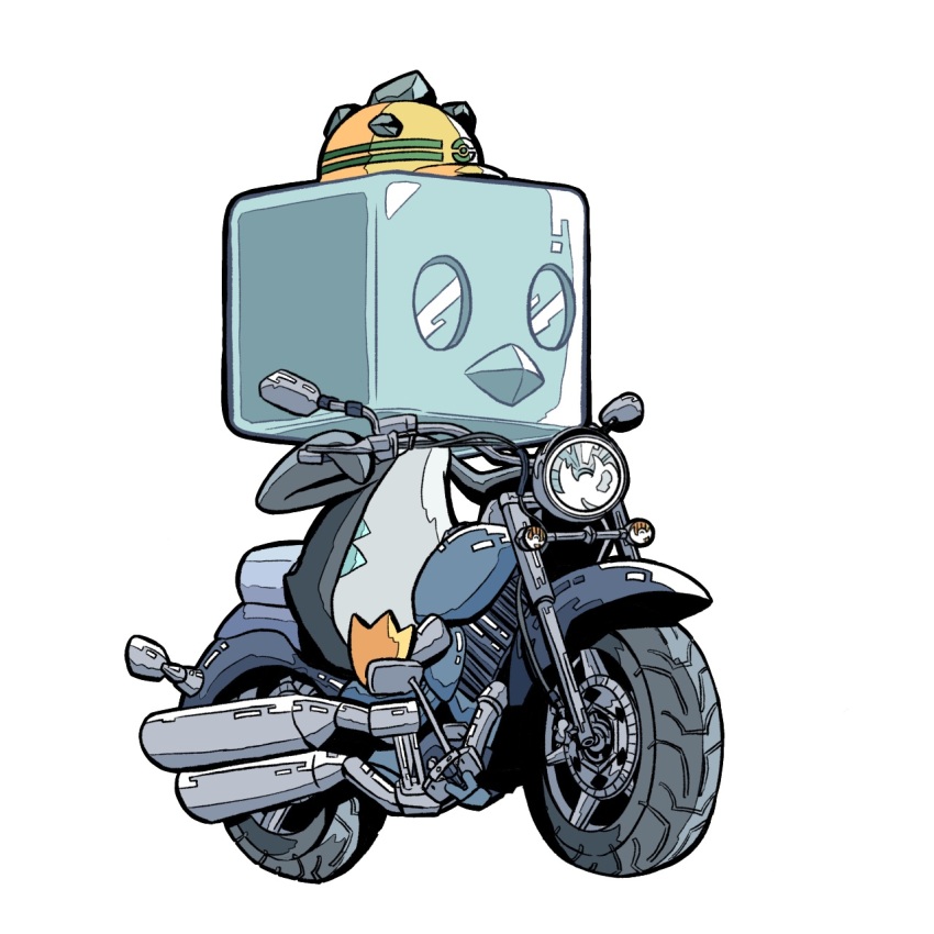 bicycle bird debudebumetabo eiscue eiscue_(ice) gen_8_pokemon hard_hat hat helmet highres ice nintendo no_humans penguin pokemon pokemon_(creature) simple_background sitting solo white_background