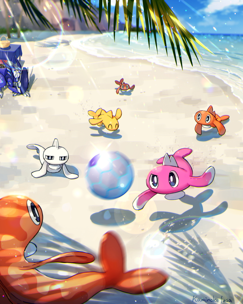 ball beach black_eyes blue_sky bright_pupils cliff cloud day glint highres kaminokefusa lens_flare midair miraidon motion_blur nintendo no_humans outdoors palm_tree playing_sports pokemon pokemon_(creature) shade shadow shore sky sunlight tatsugiri tatsugiri_(curly) tatsugiri_(droopy) tatsugiri_(stretchy) tree white_pupils
