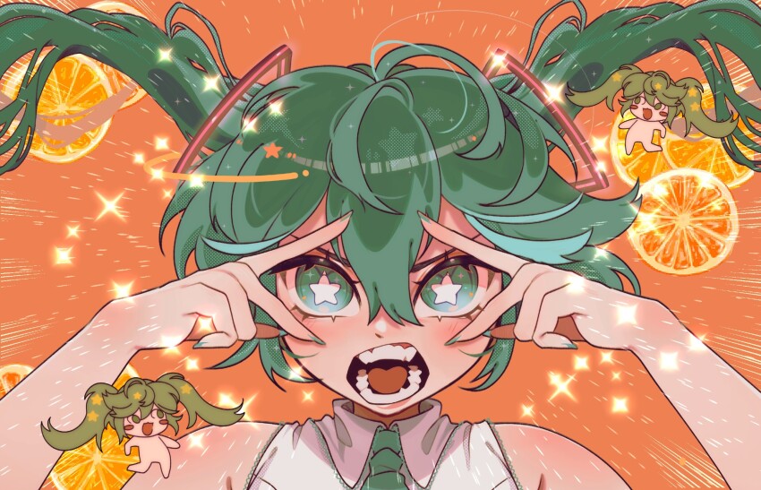 1girl aqua_eyes aqua_hair aqua_nails aqua_necktie bare_shoulders blush chibi chibi_inset close-up collared_shirt double_inward_v double_v food fruit hair_between_eyes hatsune_miku highres inward_v j2citrus long_hair looking_at_viewer m@gical_cure!_love_shot!_(vocaloid) meme miku_miku_beaaaam!!_(meme) motion_lines necktie open_mouth orange_(fruit) orange_background shirt sleeveless sleeveless_shirt solo sparkle speed_lines star-shaped_pupils star_(symbol) symbol-shaped_pupils teeth twintails v v_over_eye vocaloid white_shirt