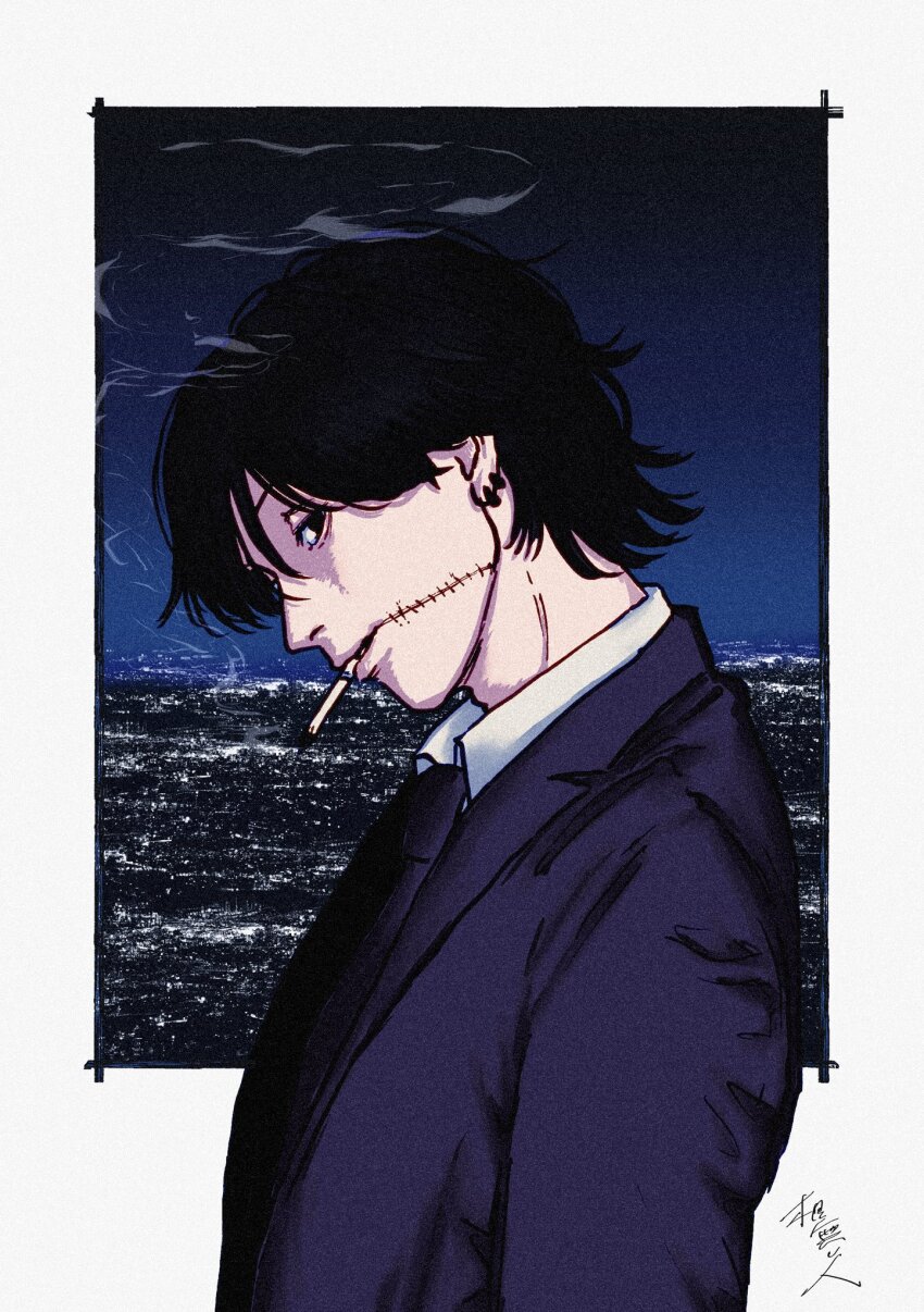1boy black_hair black_jacket black_necktie border chainsaw_man cigarette collared_shirt ear_piercing formal_clothes highres jacket kishibe_(chainsaw_man) kishibe_(young)_(chainsaw_man) looking_at_viewer male_focus necktie nenashibito ocean outside_border piercing shirt short_hair sideways_glance smoke smoking solo stitched_mouth stitches suit suit_jacket white_border white_shirt