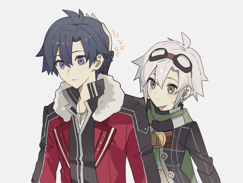 1boy 1girl ahoge black_hair coat curtained_hair eiyuu_densetsu fie_claussell fur_collar george_man goggles goggles_on_head green_eyes hair_between_eyes headpat highres parted_bangs purple_eyes rean_schwarzer scarf sen_no_kiseki sen_no_kiseki_(series) sen_no_kiseki_ii short_hair simple_background smile white_background white_hair