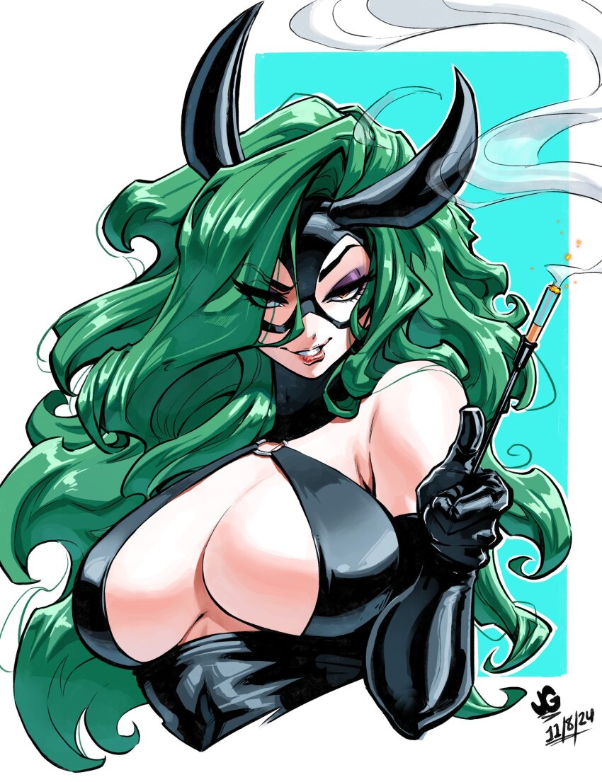 1girl black_gloves black_horns breasts cigarette cigarette_holder cleavage dated elbow_gloves eyes_visible_through_hair gloves green_hair highres horns initial jgeorgedrawz large_breasts long_hair looking_at_viewer original solo upper_body