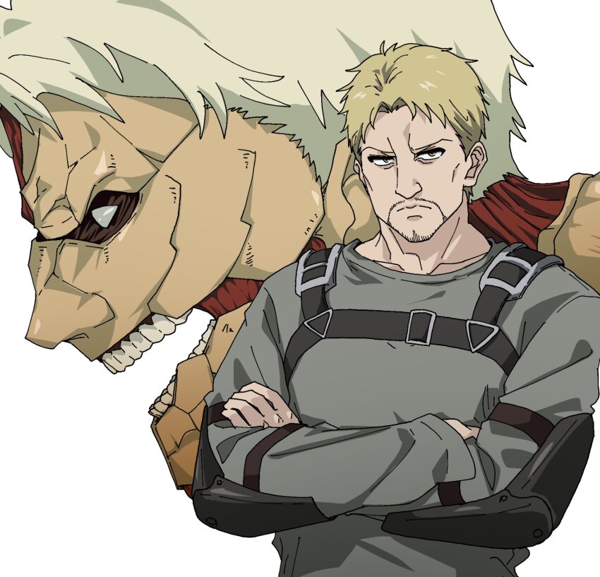 2boys armored_titan beard blank_eyes blonde_hair buckle closed_mouth collar crossed_arms dual_persona facial_hair frown grey_eyes grey_shirt highres long_sleeves looking_at_viewer male_focus mature_male momomatang multiple_boys mustache reiner_braun shingeki_no_kyojin shirt short_bangs short_hair simple_background stubble teeth titan_(shingeki_no_kyojin) upper_body white_background yellow_eyes