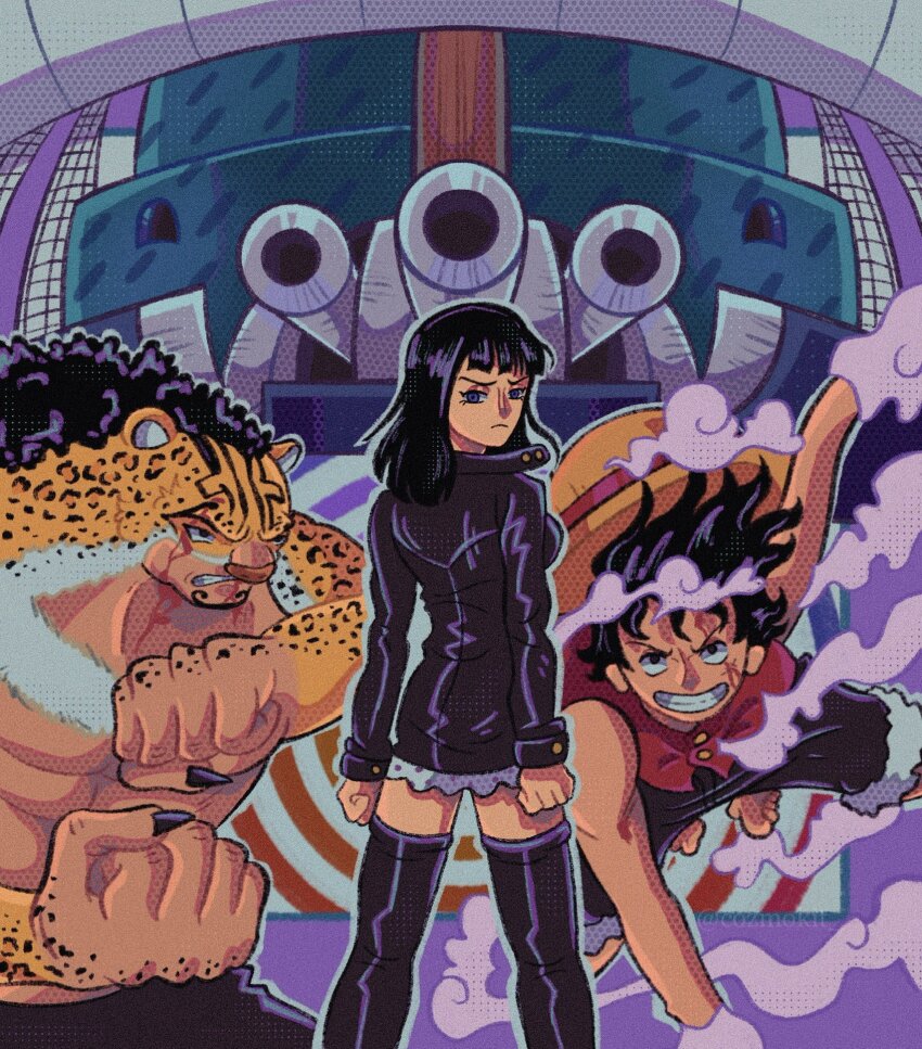 1girl 2boys alternate_form black_boots black_dress black_hair blood blood_on_face blunt_bangs boat boots clenched_teeth comic_cover_redraw commentary cozmokit dress english_commentary highres leather_dress leopard_boy looking_back medium_hair monkey_d._luffy multiple_boys nico_robin one_piece ratline red_shirt rob_lucci shirt shroud_(sailing) sleeveless sleeveless_shirt smoke teeth thigh_boots watercraft